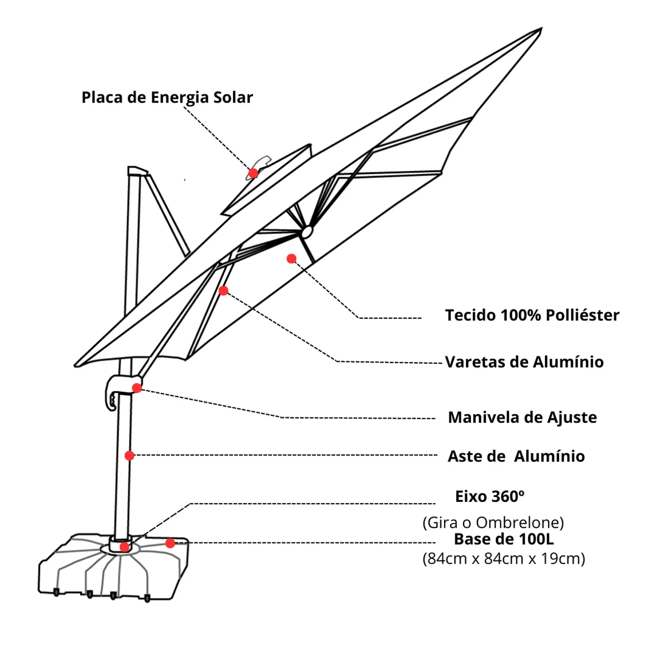 Ombrelone Guarda Sol Gold Led Alumínio 3,0 x 3,0 C/ Base em 100 L - Imagem 5