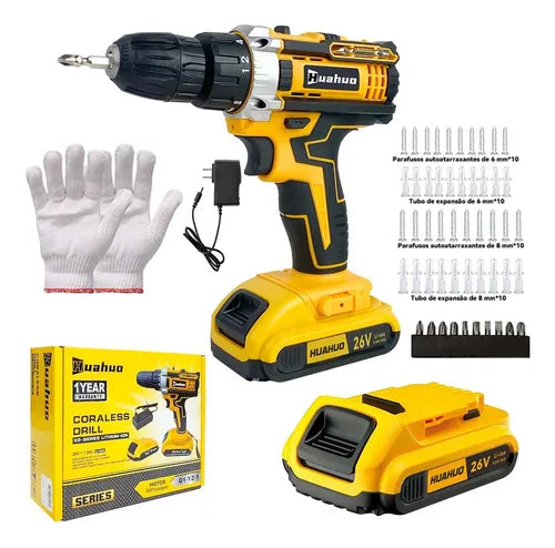 Parafusadeira e Furadeira Huahuo 26V - Bateria de Brinde